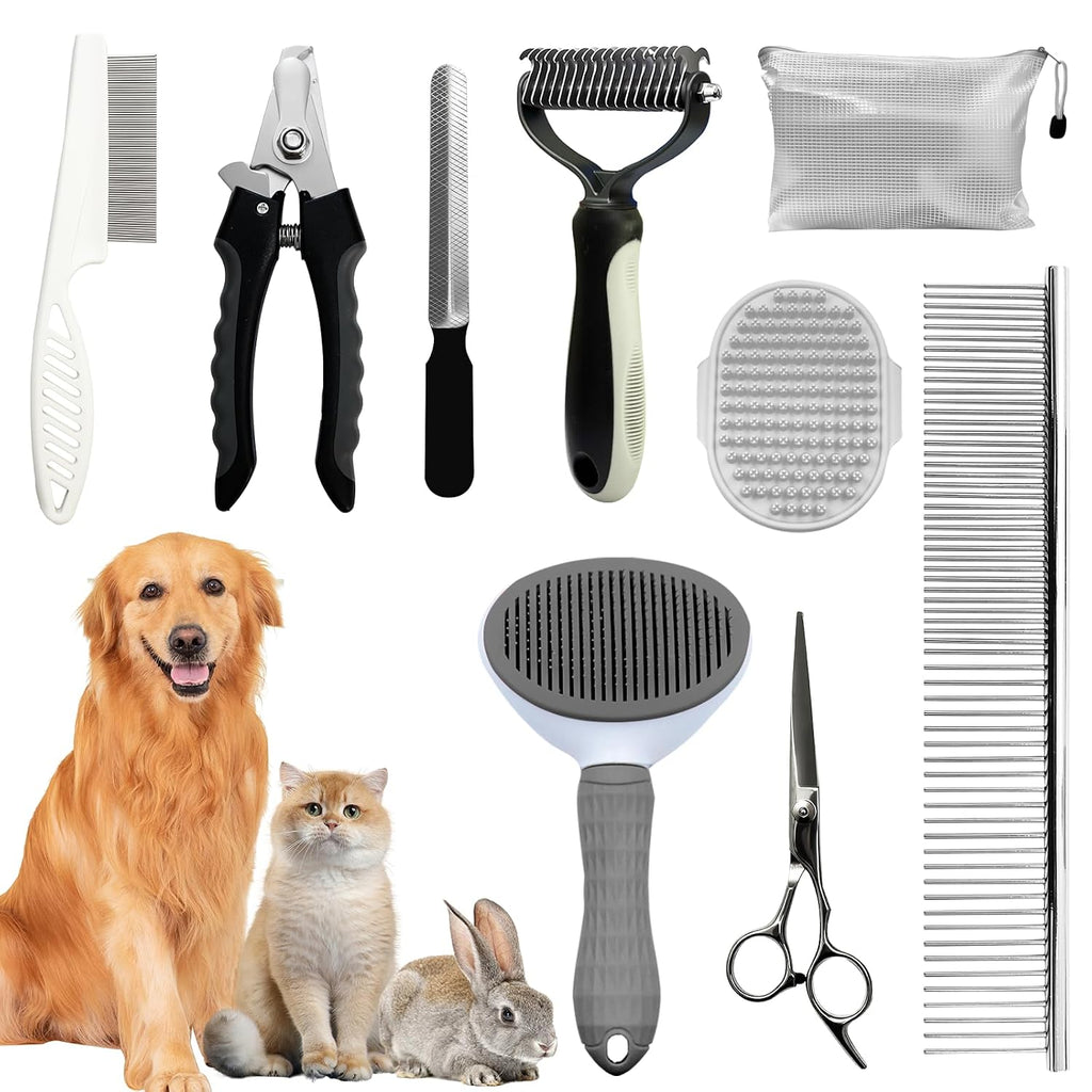 Dog Brush & Grooming Kit – 9-Piece Pet Brush & Deshedding Set for Shedding, Bathing, Trimming & Nail Care | Grooming Tools for Dogs & Cats, Includes Comb, Nail Clipper, Scissors, Slicker Brush (Gray)
