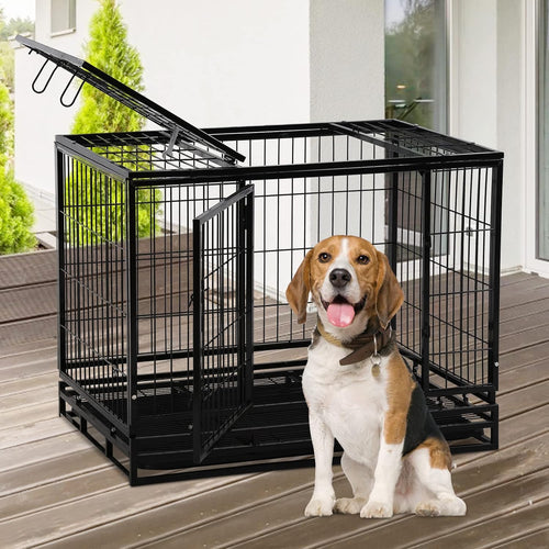 42'' Heavy Duty Dog Crate for Large Dogs Double Doors & Locks Design Escape Proof Strong Metal Dog Cage with Wheels, Indoor Large Dog Crate Heavy Duty Stackable Dog Kennel with Tray