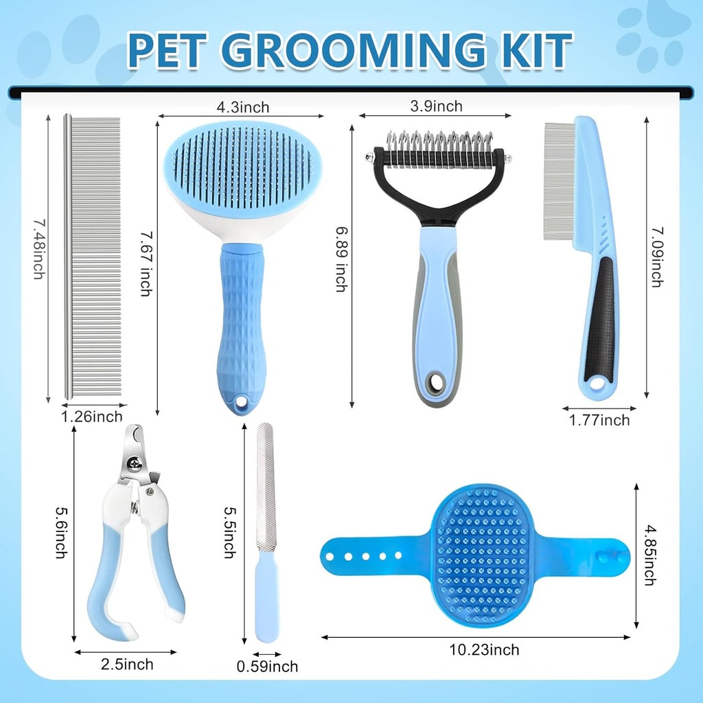 Dog Brush Dog Grooming Kit 7PCS Dog Brush for Shedding-Dog Brushes for Grooming, Dematting Comb, Nail Clipper with Nail File, Flea Comb, Pet Comb, Bath Brush(Blue)