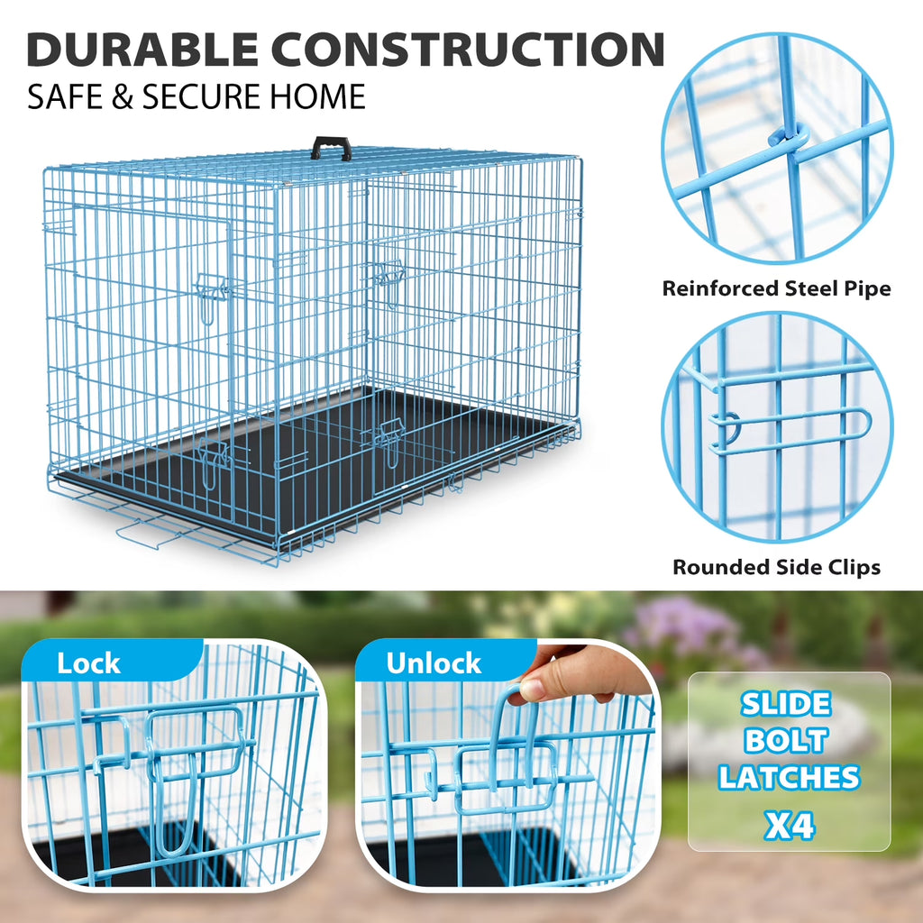 42 Inch XL Dog Crate Large Dog Crate for Large Dog Foldable Metal Dog Crate with Easy Clean Plastic Tray XL Large Dog Kennel Indoor Large Dog Cage 2-Door,Blue