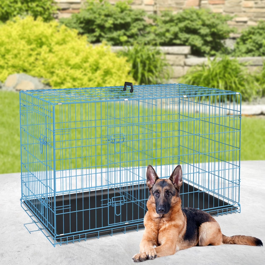 42 Inch XL Dog Crate Large Dog Crate for Large Dog Foldable Metal Dog Crate with Easy Clean Plastic Tray XL Large Dog Kennel Indoor Large Dog Cage 2-Door,Blue