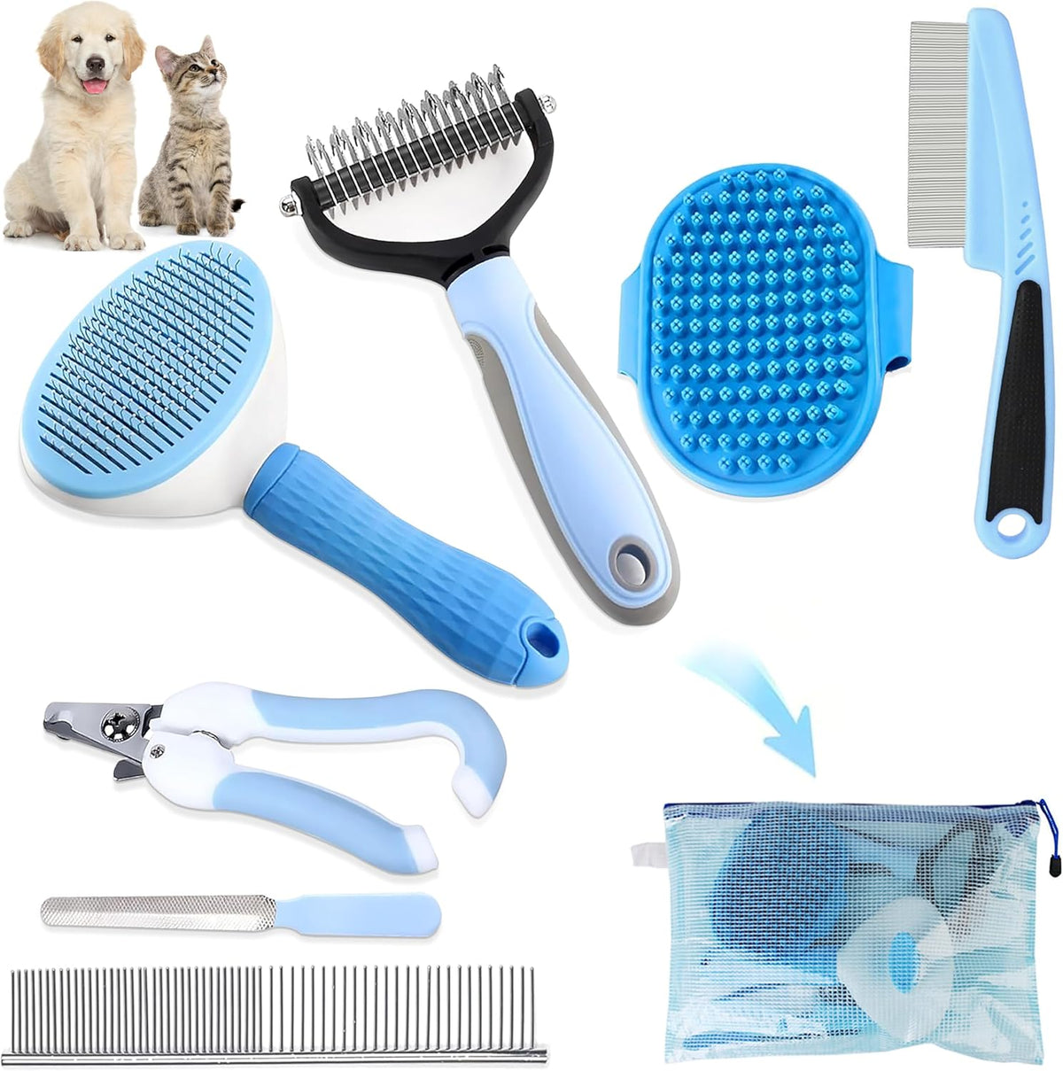 Dog Brush Dog Grooming Kit 7PCS Dog Brush for Shedding-Dog Brushes for Grooming, Dematting Comb, Nail Clipper with Nail File, Flea Comb, Pet Comb, Bath Brush(Blue)