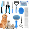 Dog Brush & Grooming Kit – 9-Piece Pet Brush & Deshedding Set for Shedding, Bathing, Trimming & Nail Care | Grooming Tools for Dogs & Cats, Includes Comb, Nail Clipper, Scissors, Slicker Brush (Blue)