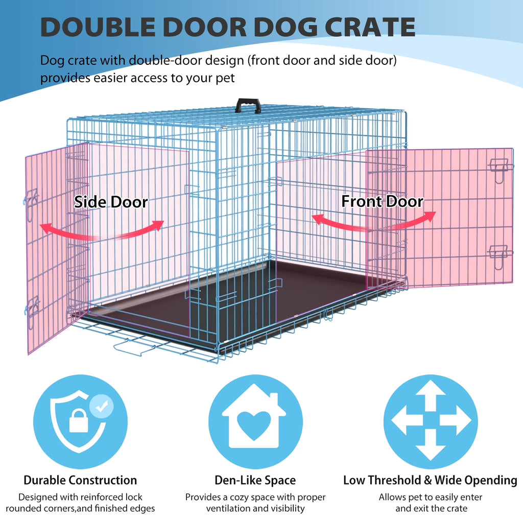 42 Inch XL Dog Crate Large Dog Crate for Large Dog Foldable Metal Dog Crate with Easy Clean Plastic Tray XL Large Dog Kennel Indoor Large Dog Cage 2-Door,Blue