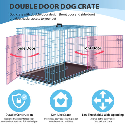 42 Inch XL Dog Crate Large Dog Crate for Large Dog Foldable Metal Dog Crate with Easy Clean Plastic Tray XL Large Dog Kennel Indoor Large Dog Cage 2-Door,Blue