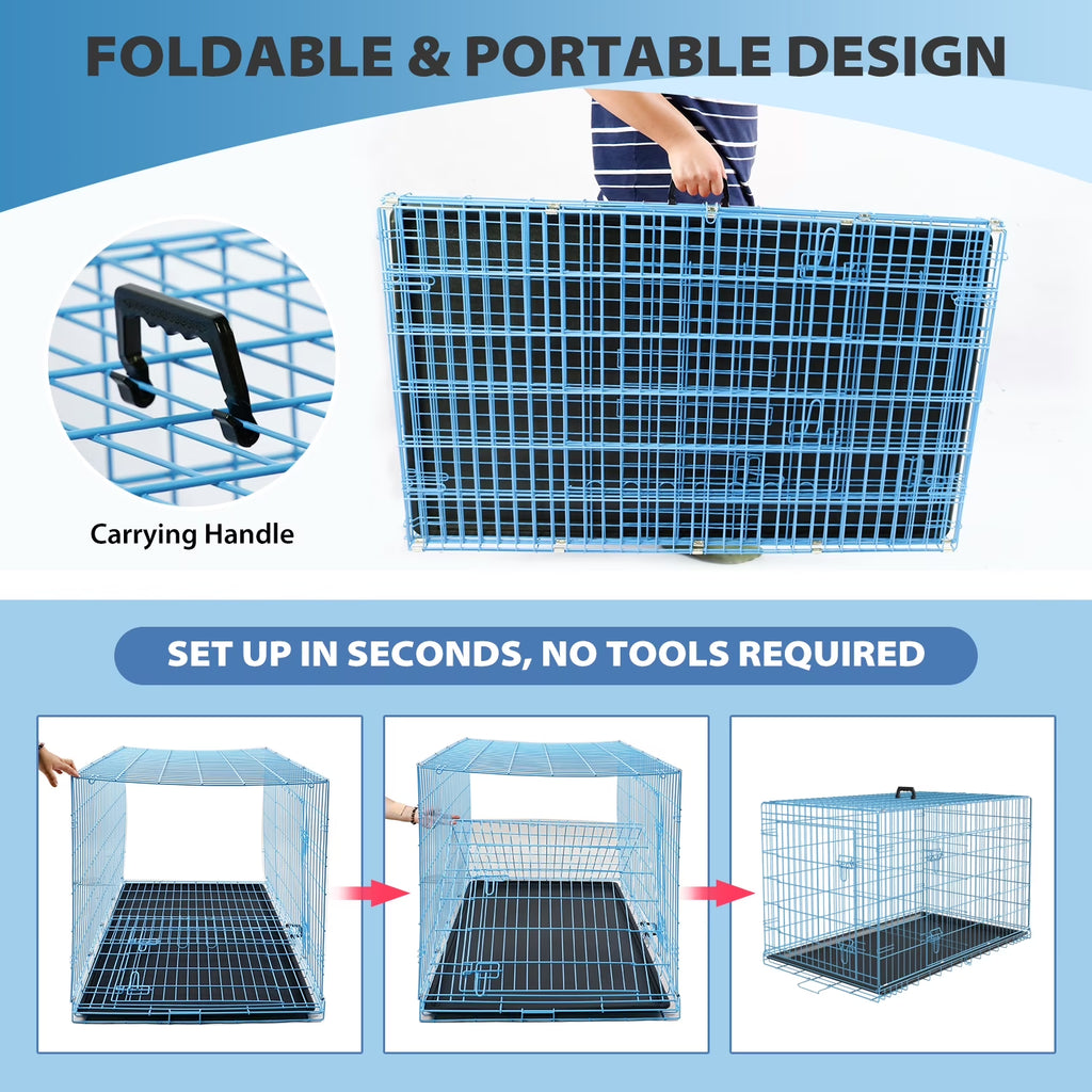 42 Inch XL Dog Crate Large Dog Crate for Large Dog Foldable Metal Dog Crate with Easy Clean Plastic Tray XL Large Dog Kennel Indoor Large Dog Cage 2-Door,Blue