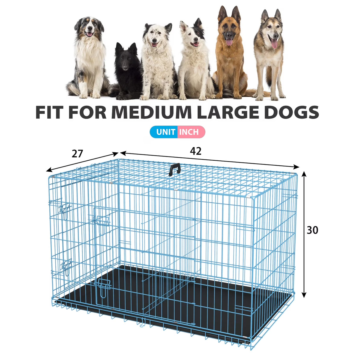 42 Inch XL Dog Crate Large Dog Crate for Large Dog Foldable Metal Dog Crate with Easy Clean Plastic Tray XL Large Dog Kennel Indoor Large Dog Cage 2-Door,Blue