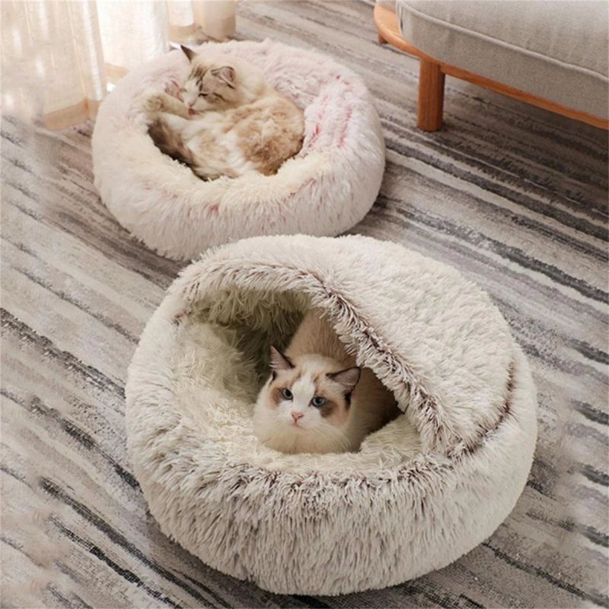 Cat Bed round Plush Hooded Cat Bed Cave, for Indoor Cats or Small Dog Beds, Calming Pet Beds Calm Anti-Nxiety Dog Bed, Waterproof Bottom Washable (16"X16")